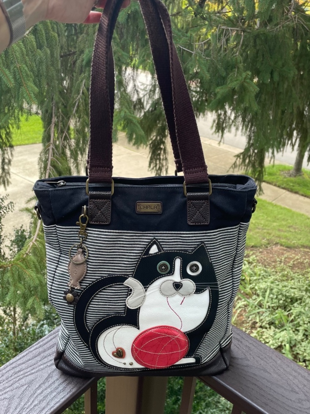 CHALA Fat Cat Striped Canvas Work Tote Shoulder Bag Boho Tuxedo Whimsical Granny